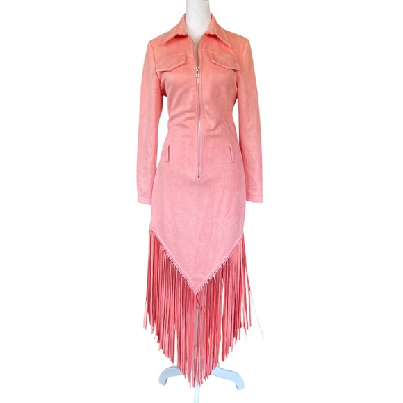 Oyrosy Dresses & Skirts - Suede Fringe Western Pink Maxi Dress NWT Small Zip Front Cowgirl Festival Boho